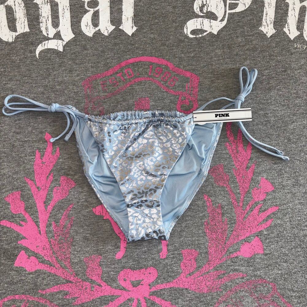 Victoria’s Secret PINK String Bikini Set Icy Blue Leopard Foil Metallic SM - Picture 8 of 12
